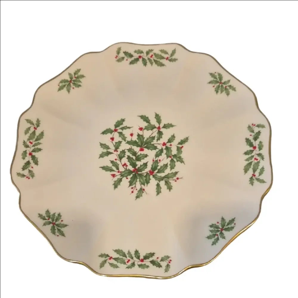 Lenox Holiday Scalloped Serving Platter In Holly and Berry Motif